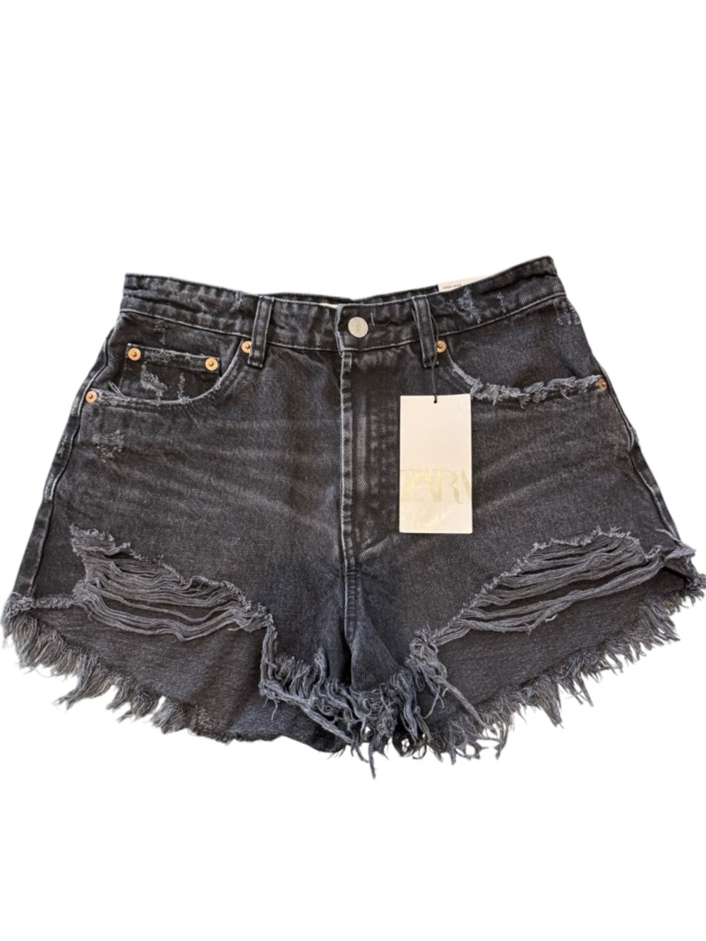 Zara Black Distressed Frayed Hem‎ Denim Shorts